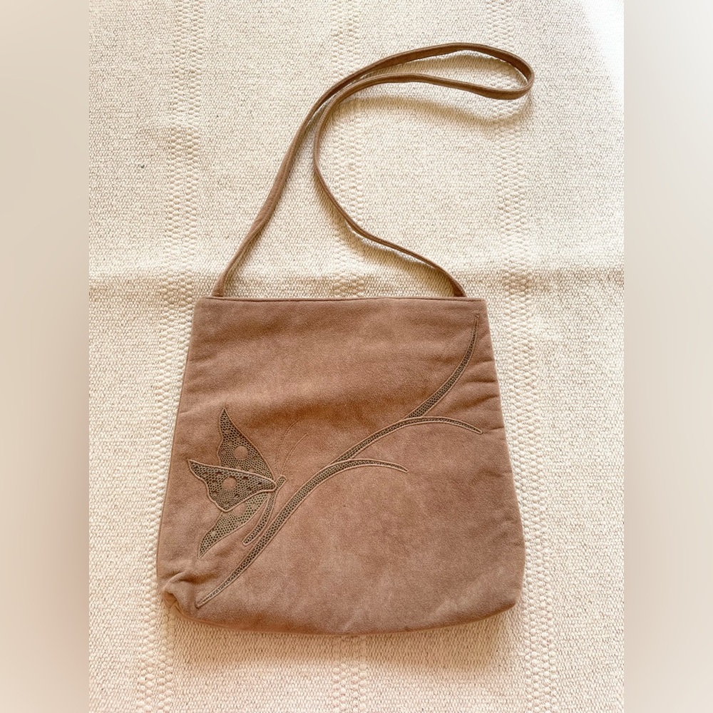 Vtg 90s REVA Ultra Suede Crossbody Bag Self Closing Butterfly Print Granola